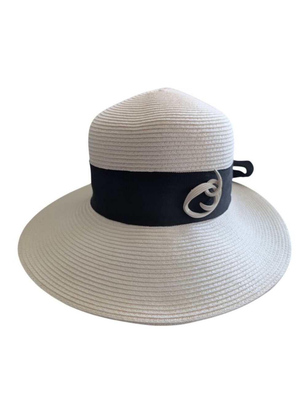 Scala White Paper Braid Wide Brim Sun Hat Black Ribbon Tie Coastal Grandma OS